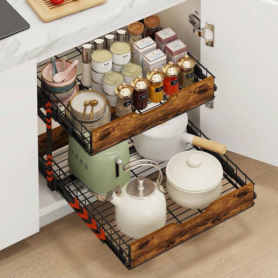 Organizador de gabinete extraíble de 2 niveles de 16" An. x 21" Pr., cajones deslizantes ajustables en altura para gabinetes de cocina con mango de madera, estantes extraíbles de gabinete resistentes para despensa, debajo del fregadero - Óxido marrón - Ver 1