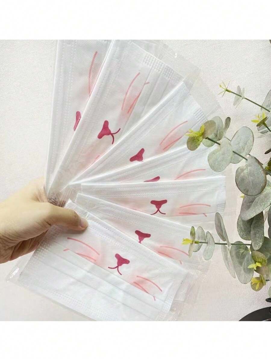 10 件装猫咪、小猪和腮红装饰时尚口罩，男女皆宜 - 彩色 - 查看 1