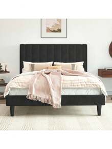 Allewie Velvet Upholstered Twin/Full/Queen/King Bed Frame With Vertical Channel Tufted Headboard / Sturdy Wooden Slats For Platform Bed Use / Mattress Foundation/Box Spring Optional / Easy Assembly – White/Black/Blue/Green/Pink * Bed Frame Queen Queen Bed Frame Bed Frame Full Full Size Bed Frame King Size Bed Frame Twin Bed Frame Room Decor Home Decor Christmas Decor Bedroom Decor Valentine Day Decor Storage Living Room Decor Furniture House Decor - 黑色 - 查看 1