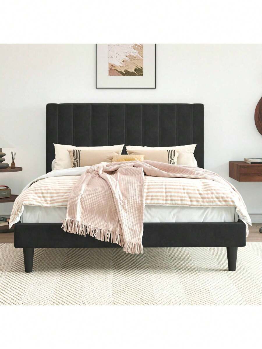 Allewie Velvet Upholstered Twin/Full/Queen/King Bed Frame With Vertical Channel Tufted Headboard / Sturdy Wooden Slats For Platform Bed Use / Mattress Foundation/Box Spring Optional / Easy Assembly – White/Black/Blue/Green/Pink * Bed Frame Queen Queen Bed Frame Bed Frame Full Full Size Bed Frame King Size Bed Frame Twin Bed Frame Room Decor Home Decor Christmas Decor Bedroom Decor Valentine Day Decor Storage Living Room Decor Furniture House Decor - 黑色 - 查看 1