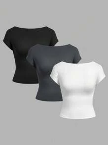 Kit 3 Cropped Feminino  Nua Baby Tee Plain Casual - Gray, Black and White - View 3