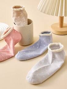 4 双女士彩色荷叶边圆点踝袜，隐形袜，透气舒适，适合春夏和秋季，颜色随机，街头休闲时尚袜子