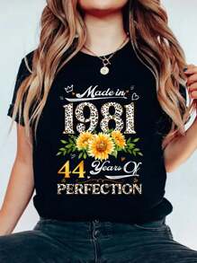 44th Birthday Floral Made In 1981 Gifts 44 Years Old Daisy T-Shirt Casual Printed 100% Cotton Women T Shirt, Summer Tshirts Short Sleeve Graphic Tee Women Tops - 黑色 - 查看 1
