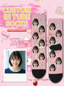 Sanrio Melody、、 、MyMelody、、Badtz-Maru、LittleTwinStars、1 双定制脸部女士中筒袜，可将任何脸部放在袜子上 - 彩色 - 查看 1