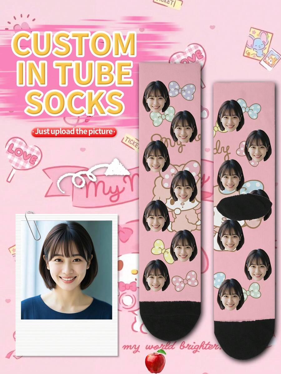 Sanrio Melody、、 、MyMelody、、Badtz-Maru、LittleTwinStars、1 双定制脸部女士中筒袜，可将任何脸部放在袜子上 - 彩色 - 查看 1