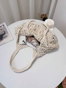 ENBEI Large Capacity Hollow Handmade Woven Tote Bag, Perfect For Women's Holiday Outfits, Hollow Crochet Bag, Large Capacity Shopping Bag, Minimalist Tassel Design, Outdoor Travel Portable Handbag, Beach Bag, Holiday Essential, Suitable For Teenagers, Female Students, Female Teachers, College Students, Mother's Day Gift - Beige - View 5