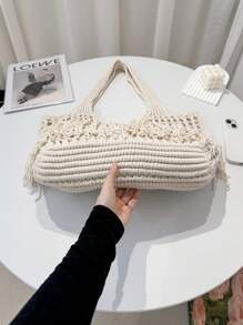 ENBEI Large Capacity Hollow Handmade Woven Tote Bag, Perfect For Women's Holiday Outfits, Hollow Crochet Bag, Large Capacity Shopping Bag, Minimalist Tassel Design, Outdoor Travel Portable Handbag, Beach Bag, Holiday Essential, Suitable For Teenagers, Female Students, Female Teachers, College Students, Mother's Day Gift - Beige - View 4