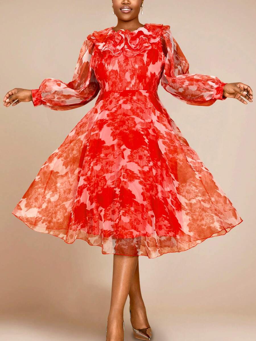 Abiti midi da donna in tulle a balze con maniche a lanterna, stampa, adatti per Pasqua, San Valentino, compleanni, matrimoni, lauree, cene, ritorno a casa, feste