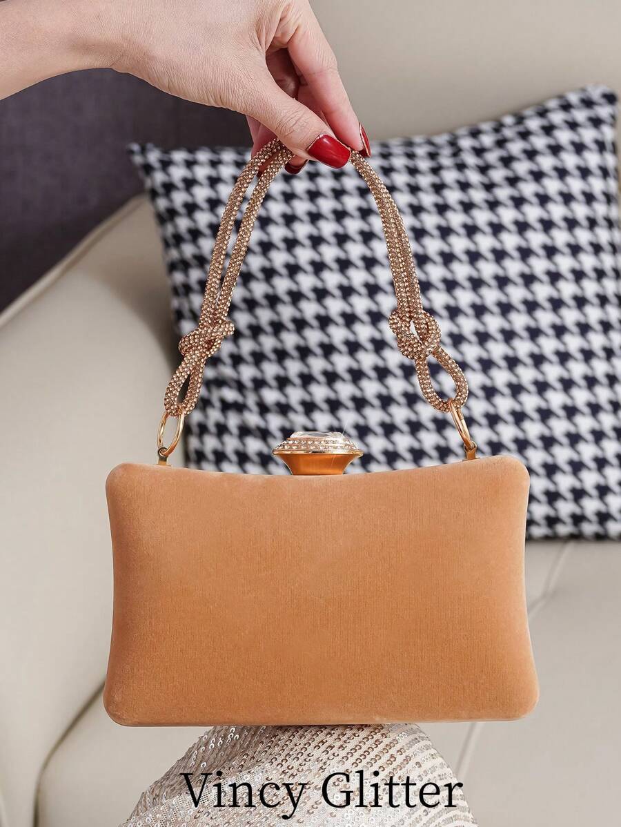 女士复古优雅晚宴手提包，水晶装饰手拿包，适合参加派对、生日和活动，时尚正式配饰，搭配连衣裙 - 棕色 - 查看 1