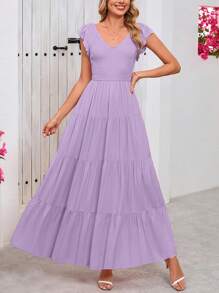 Women's Summer Flowy Long Dress Casual Covered Sleeve V-Neck Pleated Beach Sundress - Tím xám - Xem 4