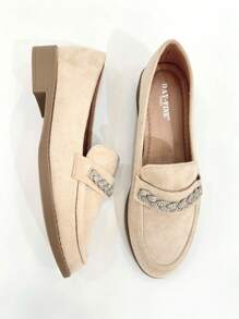 REVREAL Chic Rhinestone Embellished Loafers - Beige - View 2