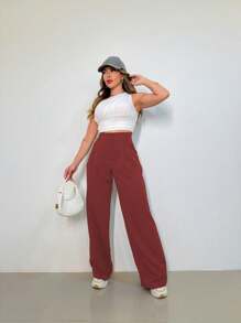 MO WOMEN'S FASHION - 3271, WOMEN'S TAILORED PANTS, HIGH WAIST, PANTALON, ELEGANT, CASUAL, EVERYDAY, WORK, SUPER CASUAL. - Burdeos - Ver 4