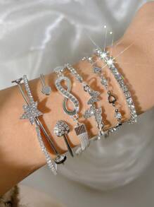 6pcs Y2K Style Superb Sparkling Fashion Elegant Vintage Design Love, Butterfly, Infinity, Star Rhinestone Blingbling Open Cuff Bracelet Set, Great Gift For Holiday, Party, Date, Everyday Wear, Anniversary