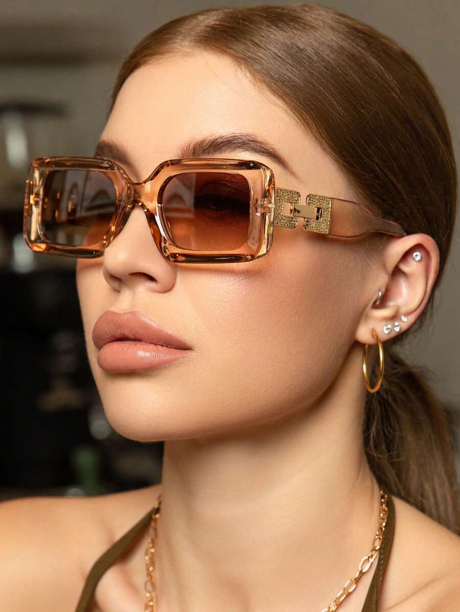Retro Rectangular Plastic Fashionable Sunglasses, Classic Design For Outdoor Travel Beach Holiday Casual Wear, UV Protection Driving Glasses Fashionable Shade Elegant Outfit Family Outings Travel Vacation Holiday For Summer Beach Vacation,Outdoor,Travel - 香檳色 - 查看 1