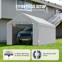 Carport Replacement Canopy Cover Top + Side Wall, Garage Top Tent Shelter Tarp Heavy-Duty Waterproof & UV Protected, Easy Installation With Ball Bungees (Frame Not Include) - Top + Side Wall 10x20ft, Grey - View 5