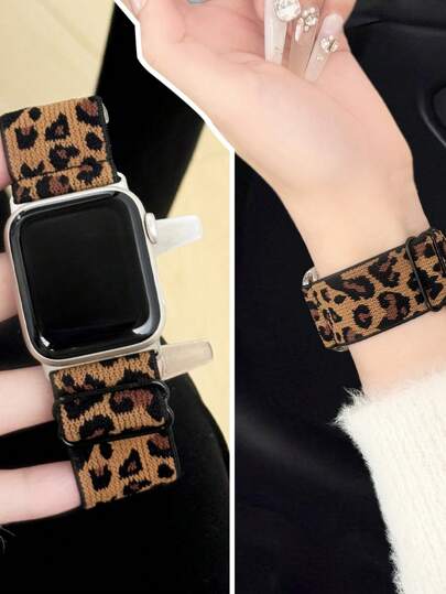 One Stylish Leopard Print Nylon Elastic Watch Band For Women, Compatible With Apple Watch Sizes 46mm, 49mm, 40mm, 44mm, 45mm, 41mm, 42mm, And 38mm. Compatible With Apple Watch Series 11, 10, 9, 8, SE, 7, 6, 5, 4, 3, 2, 1, And Ultra 3/2/1. Adjustable Hypoallergenic Sports Band, Compatible With IWatch S10 And S11. Comfortable, And A Secure Replacement Band