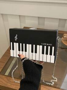 1 pièce Nouveau sac bandoulière mini stylé à imprimé piano, thème musical de fête. Sac à épaule carré avec motif de clavier de piano. Boucle et bandoulière en métal. Convient pour les fêtes musicales et en cadeau pour femmes. Boîte rigide peut ranger un téléphone