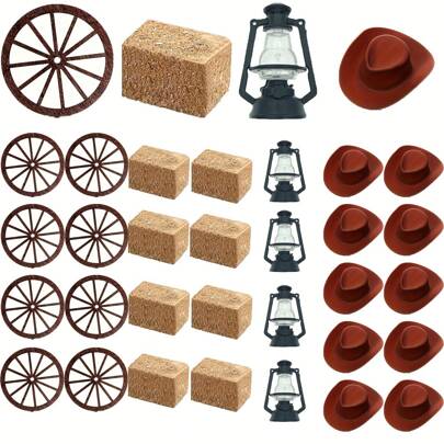 16 قطعة قبعات كاوبوي صغيرة بدون إضاءة مصباح لفانوس غربي، ديكور رعوي صغير -قبعة كاوبوي صغيرة، حزمة قش صغيرة، عجلة عربة صغيرة، ديكورات طاولة معلقة غربية لحفلات الزفاف والأعياد والكريسماس وهالوين بدون كهرباء