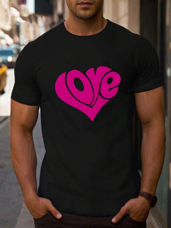 Camiseta de hombre "Expresión de amor en la ciudad" para San Valentín, 1 pieza, camiseta informal de algodón puro grueso con cuello redondo de 220 g/m².