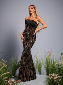 Mgiacy New ArrivalOne Shoulder Elegant Evening Gown Dress Ruched Sequin Mermaid Long Dress - Black - View 4