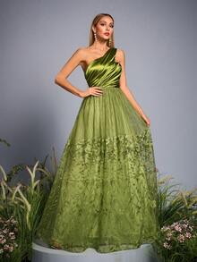 Mgiacy，新品上市，不对称单肩，缎面，褶饰对比刺绣蕾丝，优雅礼服，宾客礼服，适合舞会婚礼的长礼服 - 綠色 - 查看 2