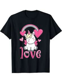 EWH Cute Love Heart Unicorn Valentines Day Top T-Shirt - Black - View 1