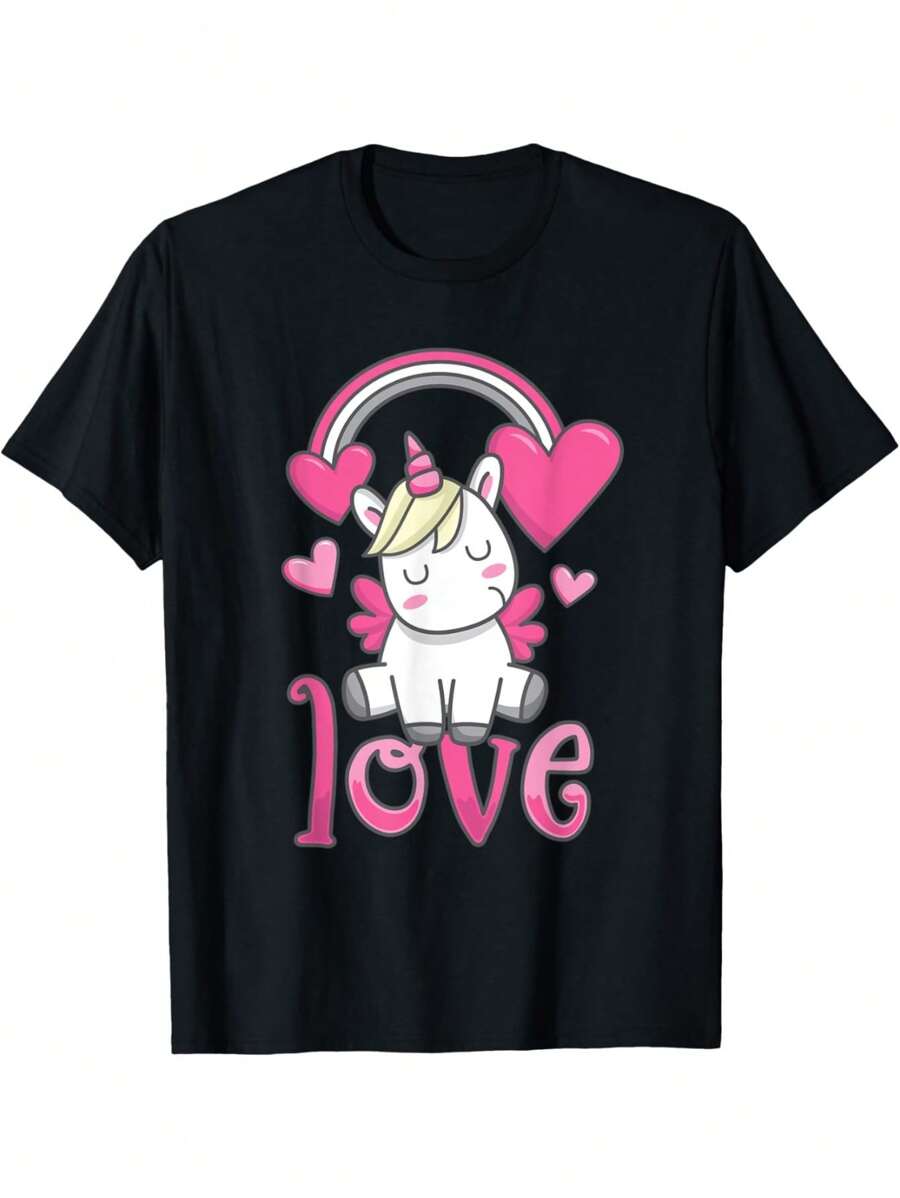 EWH Cute Love Heart Unicorn Valentines Day Top T-Shirt - Black - View 1