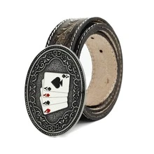 Cinto Country Feminino Masculino Artesanal Em Couro Fivela Grande Redonda Detalhes Carta Baralho