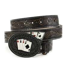Cinto Country Feminino Masculino Artesanal Em Couro Fivela Grande Redonda Detalhes Carta Baralho