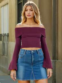 LeLayla - Maglione crop monocolore da donna realizzato in Italia. Maglione corto lavorato a maglia con spalle scoperte, super elastico con spalle aperte, carino e sexy, casual perfetto per outfit da lavoro, ufficio, college, università, scuola, cena, uscita notturna, appuntamento, San Valentino - rosso ruggine - Visualizzare 3