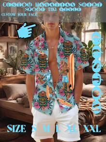 Camisa hawaiana 2025 personalizada TIKI con cara para hombres y mujeres, regalo hawaiano personalizado para novia, novio, pareja, camisa tropical de abotonar para la playa - Azul Cadete - Ver 2