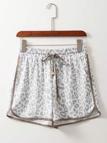 Acelitt 白色豹纹松紧腰系带撞色边饰休闲短裤 - 白色 - 查看 4