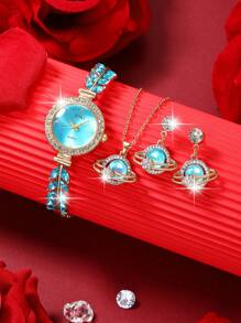 SOKI SOKI 4 件/套立方氧化锆星球装饰首饰套装金色行星立方氧化锆圆形吊坠项链、耳环和女士手表羽毛鱼尾表带休闲华丽水钻表盘石英表适合女性派对、节日、生日佩戴或作为姐妹，是送给女士的最佳礼物 - 藍色 - 查看 1