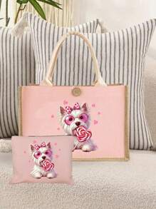 Bolso de lino con bloque de color + Bolsa pequeña con correa de mano, bolsa de almacenamiento, cartera, estampado lindo de perro, la primera opción de regalo para amantes de los perros, bolsa de compras de lino simple, bolsa reutilizable para compras de comestibles y bolsa de maquillaje, cartera, bolsa de regalo para vacaciones