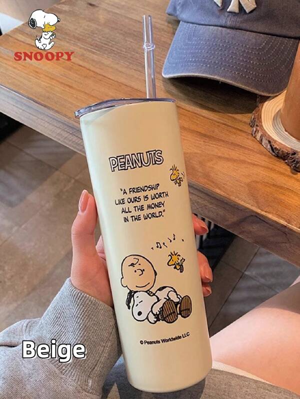 SNOOPY 1 pieza Taza aislada al vacío de acero inoxidable con Snoopy, vaso para auto, taza portátil con pajita para uso al aire libre, taza de café con tapa y pajita, vaso de gran capacidad