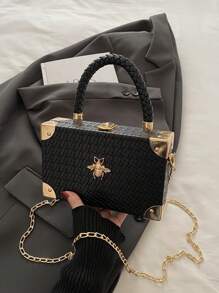 1 件新款压纹压花编织黑色手提包，时尚金属角硬壳盒形包，百搭链条单肩斜挎包，适合女士携带手机和日常使用