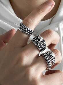 4pcs/Set Punk Style Men's Rings With Skull & Heart Designs, Fashionable Accessories For Daily, Party, Dating, Festival Gifts