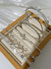 6pcs Y2K Style Superb Sparkling Fashion Elegant Vintage Design Love, Butterfly, Infinity, Star Rhinestone Blingbling Open Cuff Bracelet Set, Great Gift For Holiday, Party, Date, Everyday Wear, Anniversary