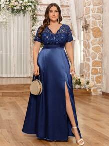 Plus V-Neck Sequin Lace Contrast Satin Split Thigh Elegant Prom Formal Evening Party Dress, Wedding Guest Gown, For Festivals, Graduation, Dinner, Homecoming - Navy Blue - View 4
