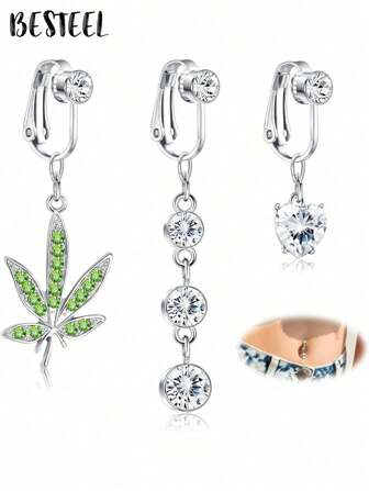 BESTEEL 1Pc Fake Belly Rings Fake Belly Piercing For Women Clip On Belly Piercing Fake Belly Button Piercing Fake Navel Ring Stainless Steel Non Piercing