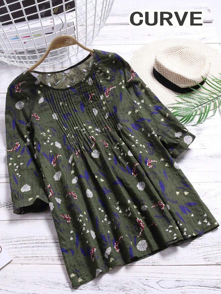 Blusa de talla grande con estampado floral en estilo retro para mujeres - Verde - Ver 1