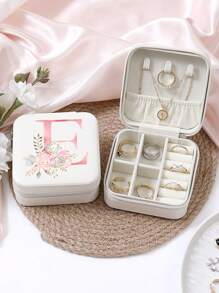 A-Z Floral Letter Pattern Travel Jewelry Box, Portable Zipper Travel Jewelry Storage Box, Gift Box For Women, PU Leather Waterproof Jewelry Box For Rings, Pendants, Earrings, Necklaces, Etc. - Gift Boxes For Girls And Women, Sun Travel Cool Back To School