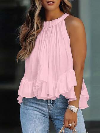 女士休闲纯色荷叶边挂脖无袖上衣，夏季