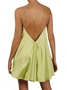 Womens Casual Chain Suspender Short Dress Fashion Solid Color Hollow V-neck A-line Dress - Amarillo - Ver 2