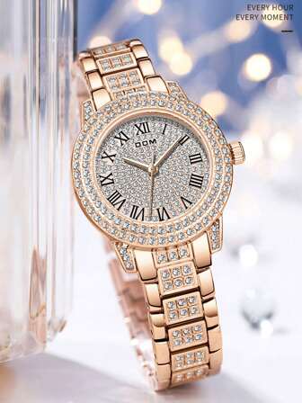 DOM 1 Stück Modische Damenuhr mit Strass-Verzierung, Wasserdichtes Edelstahlarmband