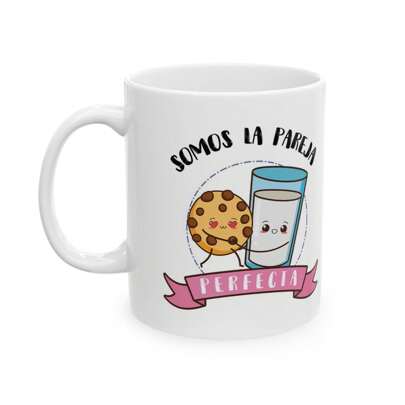 Taza del Día del Amor y la Amistad - 'Somos la Pareja Perfecta' | Ilustración de Leche y Galleta | Regalo Romántico para San Valentín