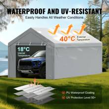 Carport Replacement Canopy Cover Top + Side Wall, Garage Top Tent Shelter Tarp Heavy-Duty Waterproof & UV Protected, Easy Installation With Ball Bungees (Frame Not Include) - Top + Side Wall 10x20ft, Grey - View 3
