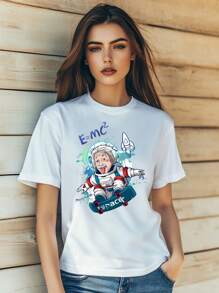 Women's  Astronaut Planet Earth Star Letters Cool Style Print T-Shirt Fashion Short Sleeve Round-Neck Slm Fit Tops Summer Casual Streetwear