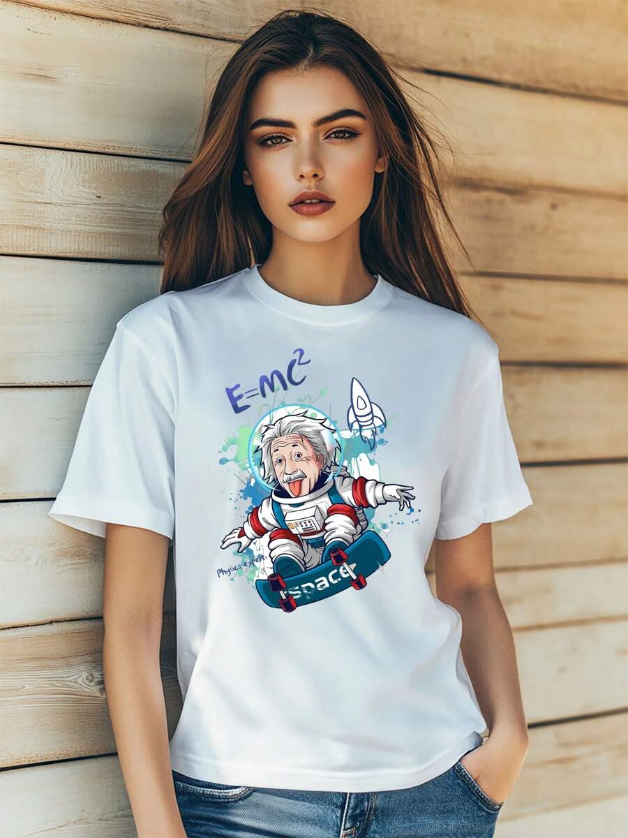 Women's  Astronaut Planet Earth Star Letters Cool Style Print T-Shirt Fashion Short Sleeve Round-Neck Slm Fit Tops Summer Casual Streetwear