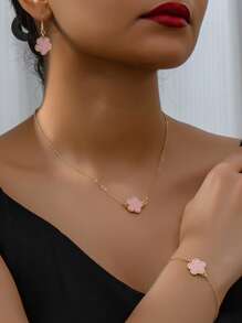 1 Set Mode Minimalistische Klaver Decor Ketting, Armband & Oorbellen Sieraden Set, Veelzijdig Voor Vrouwen Feest, Banket En Cadeau